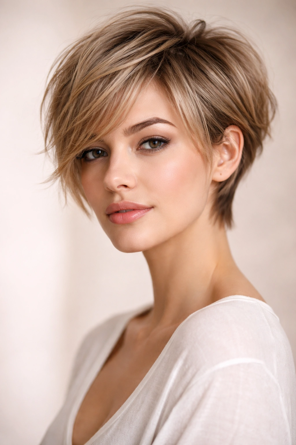 15 Short Haircuts That Soften A Square Jawline 9 Model with wispy pixie bob featuring short sides and longer front pieces.
