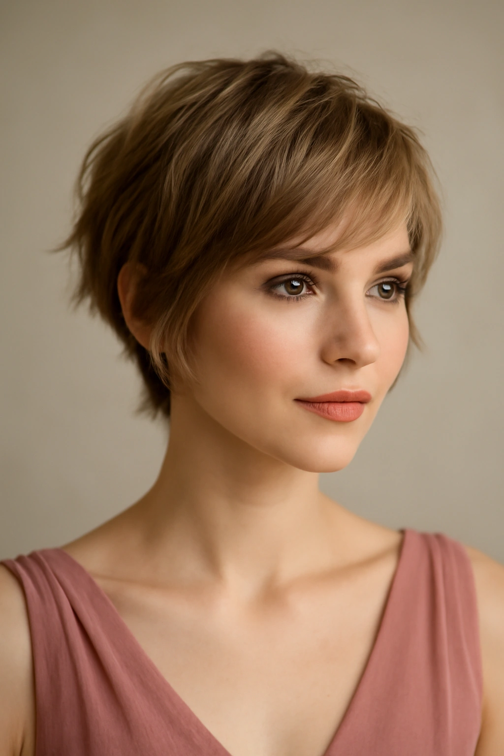 15 Short Hairstyles Any Bridesmaid Can Pull Off 7 Close-up of a bridesmaid with a wispy pixie and feathered layers