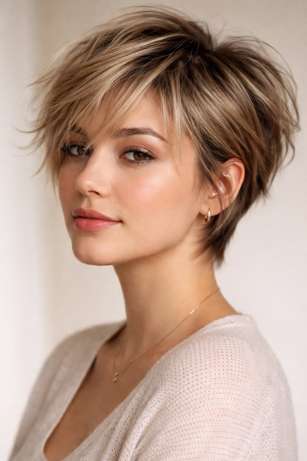 15 Pixie Styles Perfectly Suited To Round Faces 8 Portrait of a person with wispy pixie cut featuring longer face-framing pieces directed upward