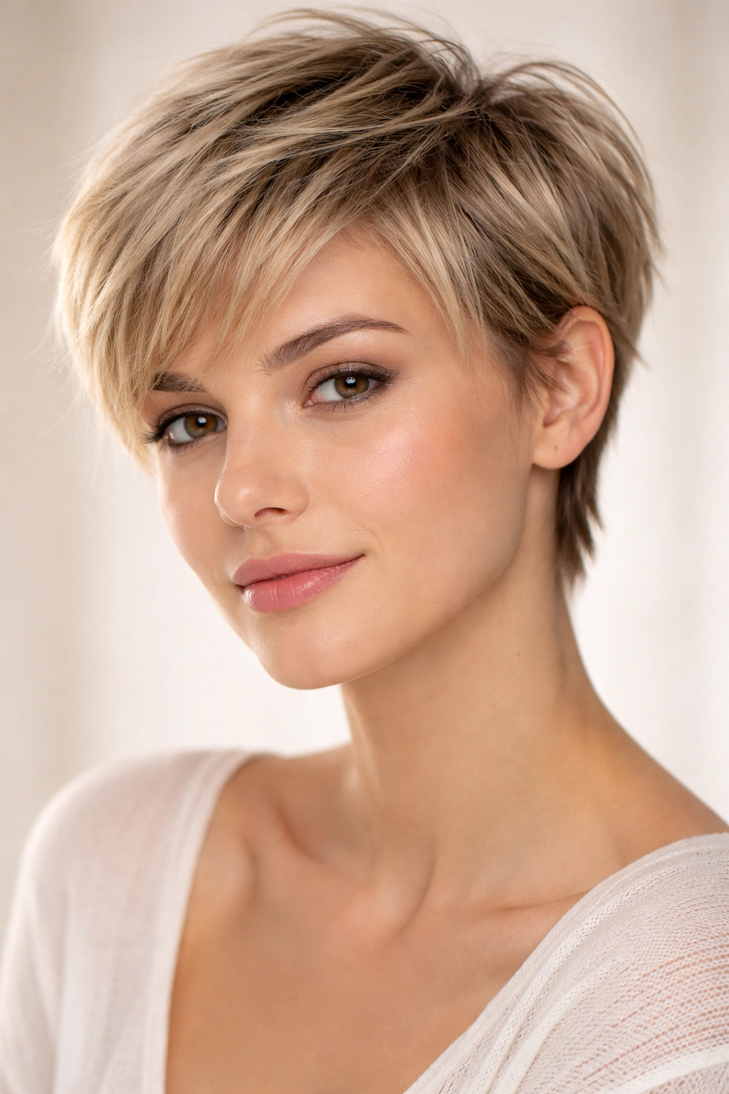 Portrait of a person with a wispy pixie, feathered edges and soft texture for a feminine look.