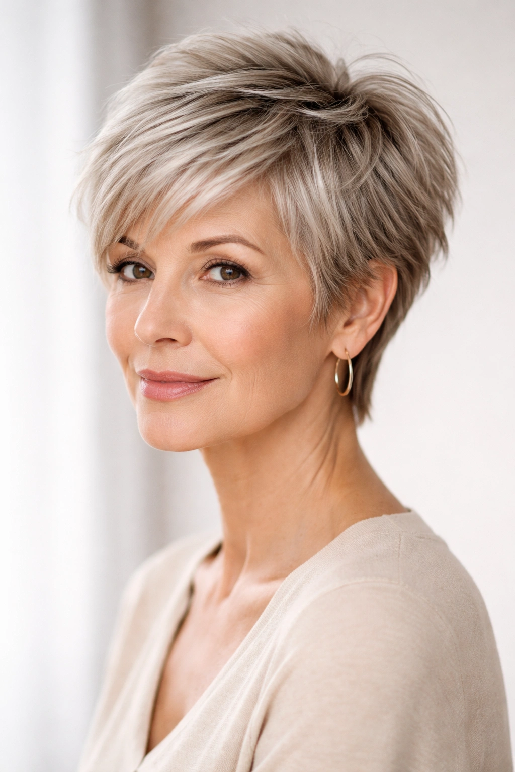 10 Short Haircuts For Older Women With Fine Hair 8 Older woman with wispy pixie featuring feathered layers and a softly textured top.