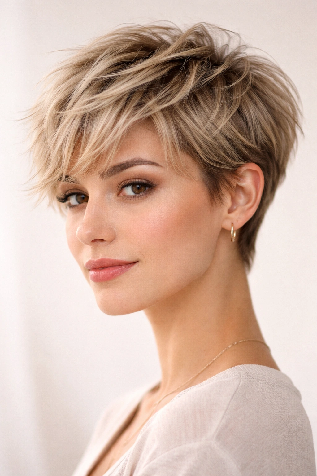 Wispy layered pixie with feathered top layers and airy movement