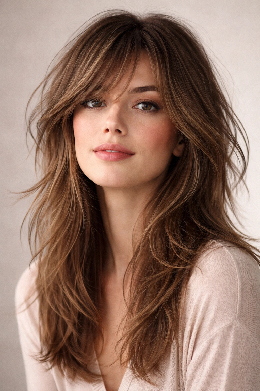 Wispy layered shag with feathered ends creating soft texture