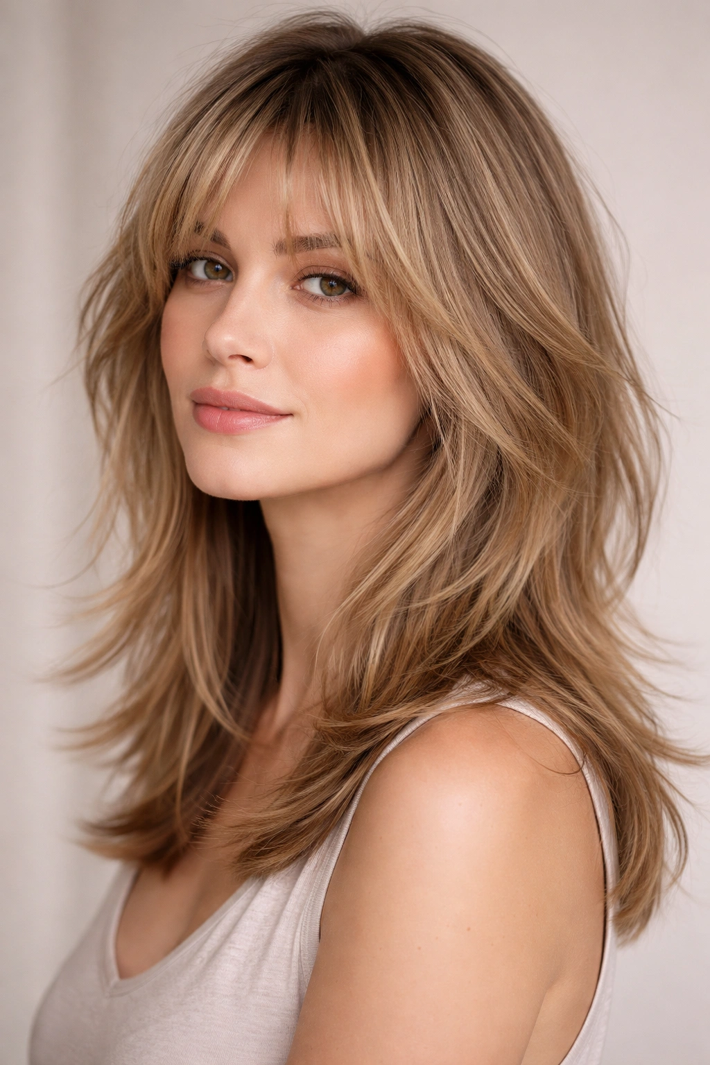 Wispy Shoulder-Length Shag on a model, soft feathered layers creating movement.