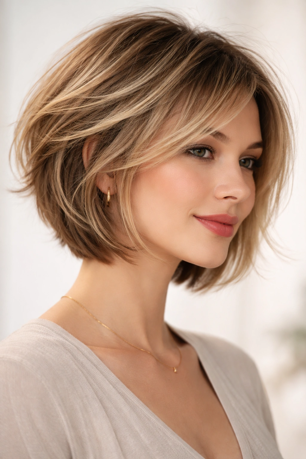 15 Stacked Bob Cuts For Thick And Fine Hair 7 Close-up of a wispy stacked bob with feathered layers and soft movement