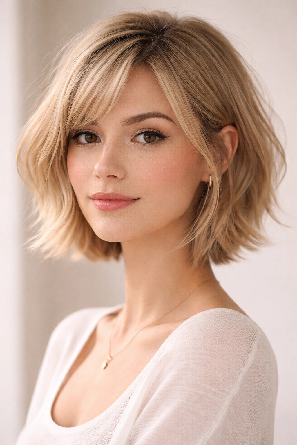 Wispy textured bob around the jaw for a heart-shaped face with fine hair