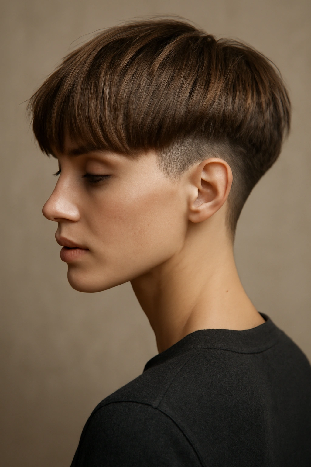 10 Modern Bowl Cuts Women Are Actually Getting 4 Close-up of wispy undercut bowl haircut with visible undercut on the sides