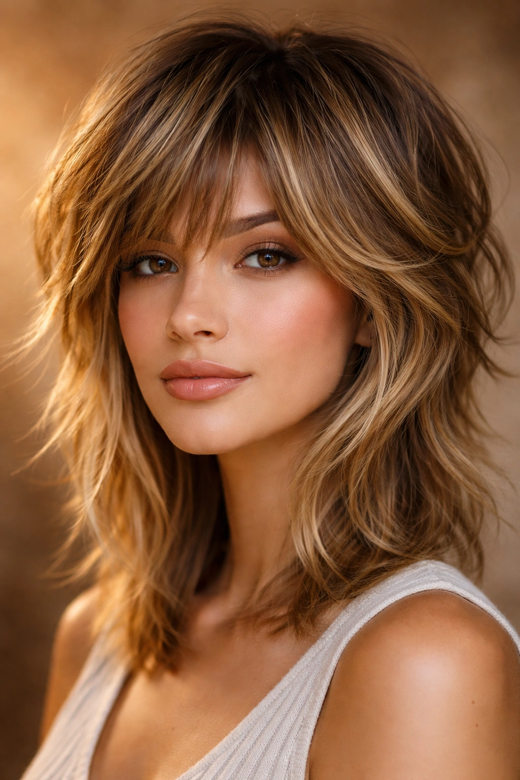 Wolf cut with honey blonde balayage and textured layers.
