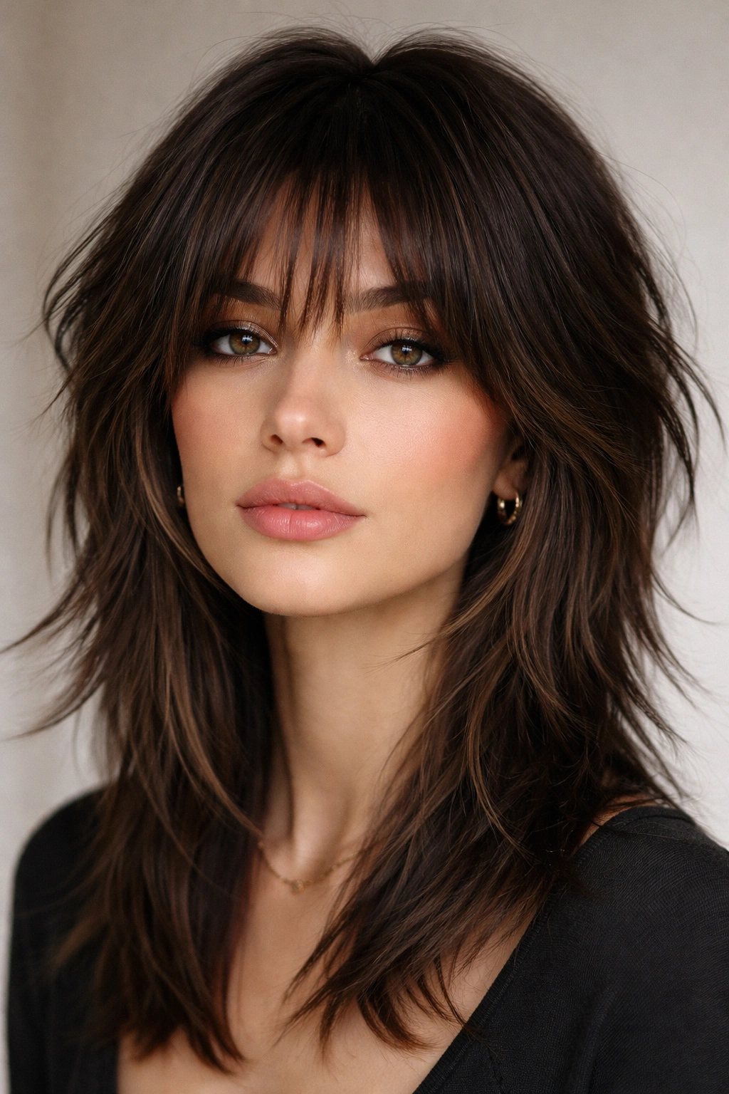 Close-up of a person with a wolf cut and face-framing bangs, highlighting textured layers.