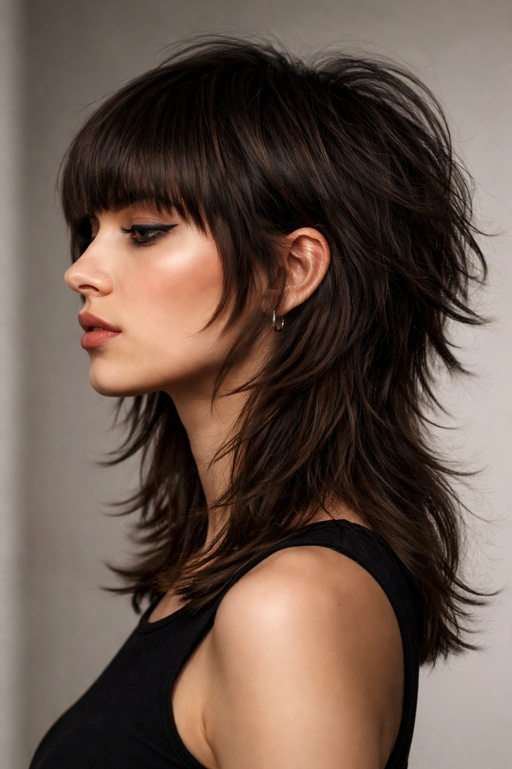 Profile of a person with a textured wolf cut and blunt bangs
