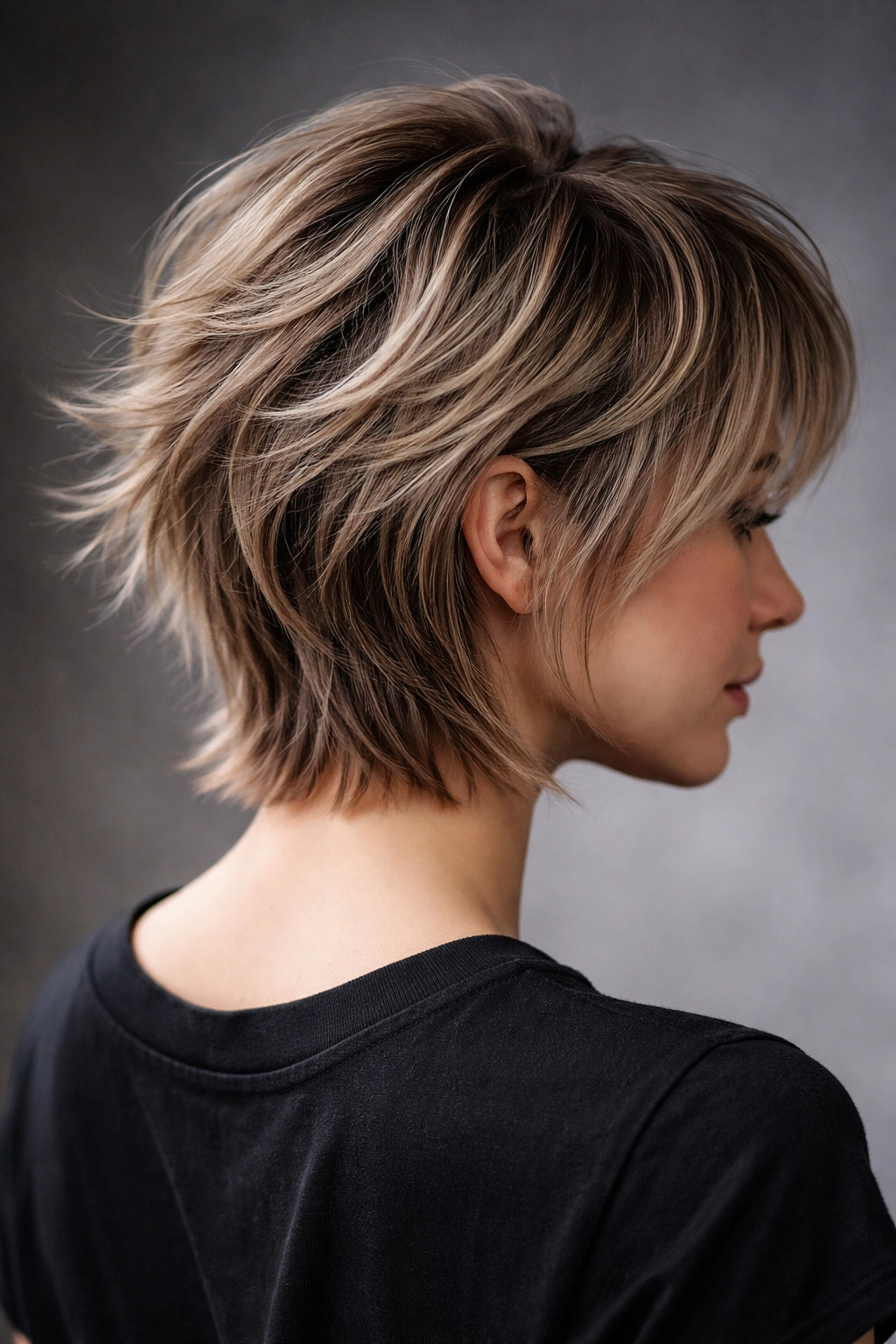 Layered wolf cut bob with feathered texture and volume