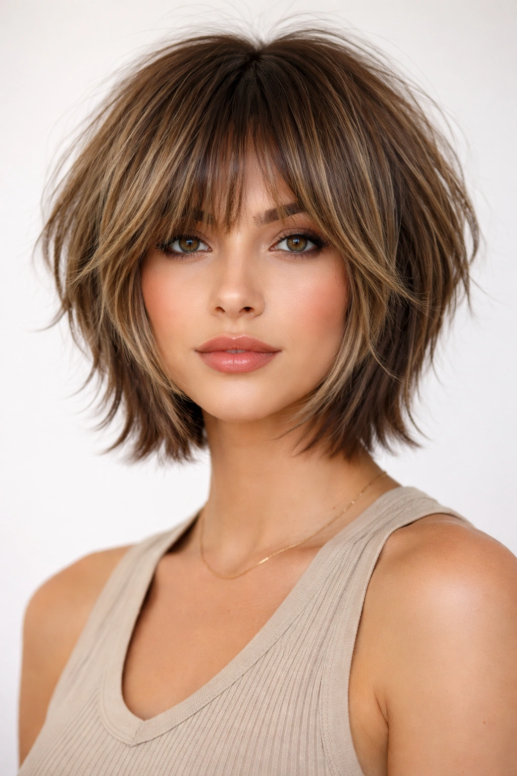 Front view of wolf cut bob with short back and long choppy front layers.