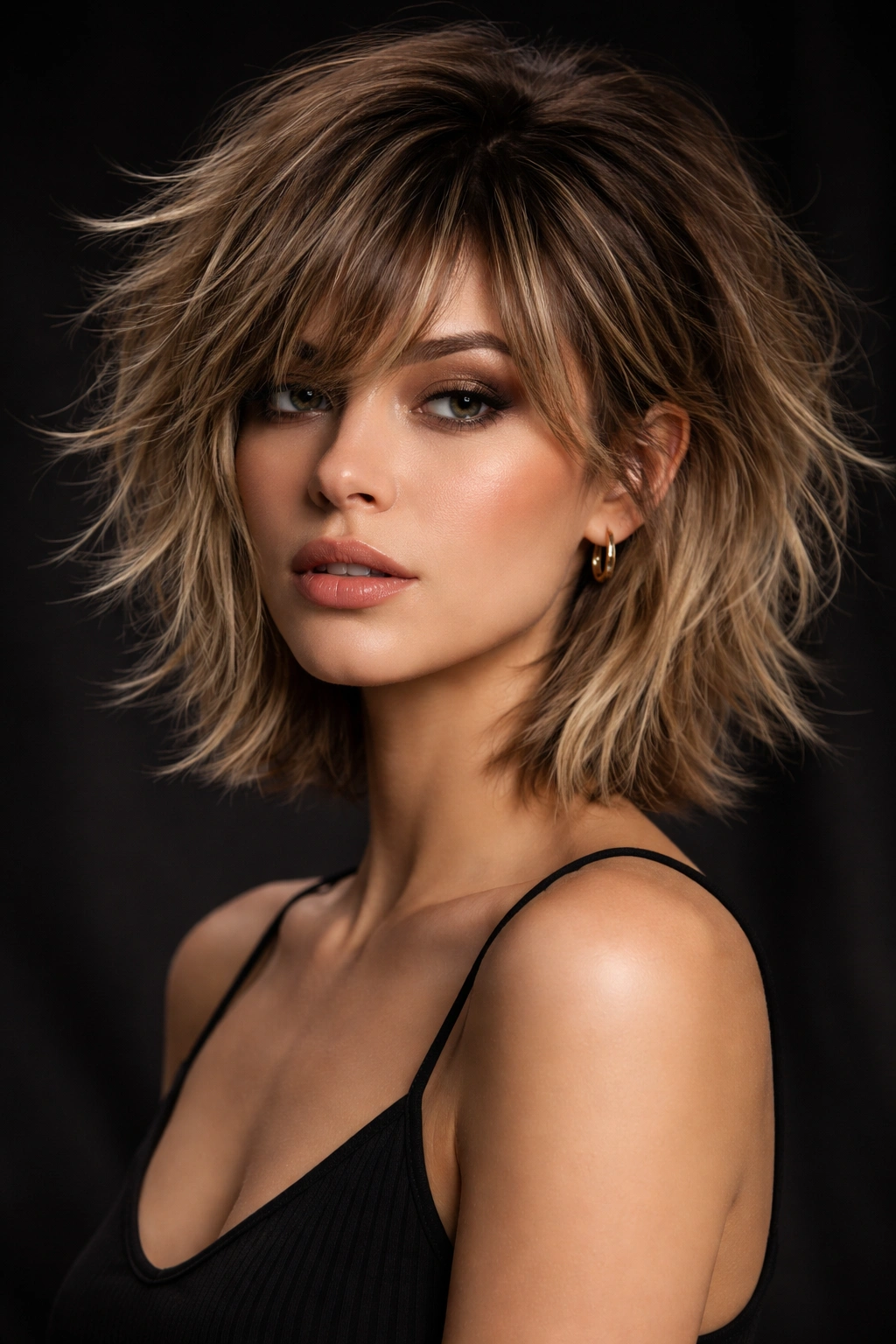 Portrait of a person with a textured wolf cut bob featuring ultra-short crown and longer underneath