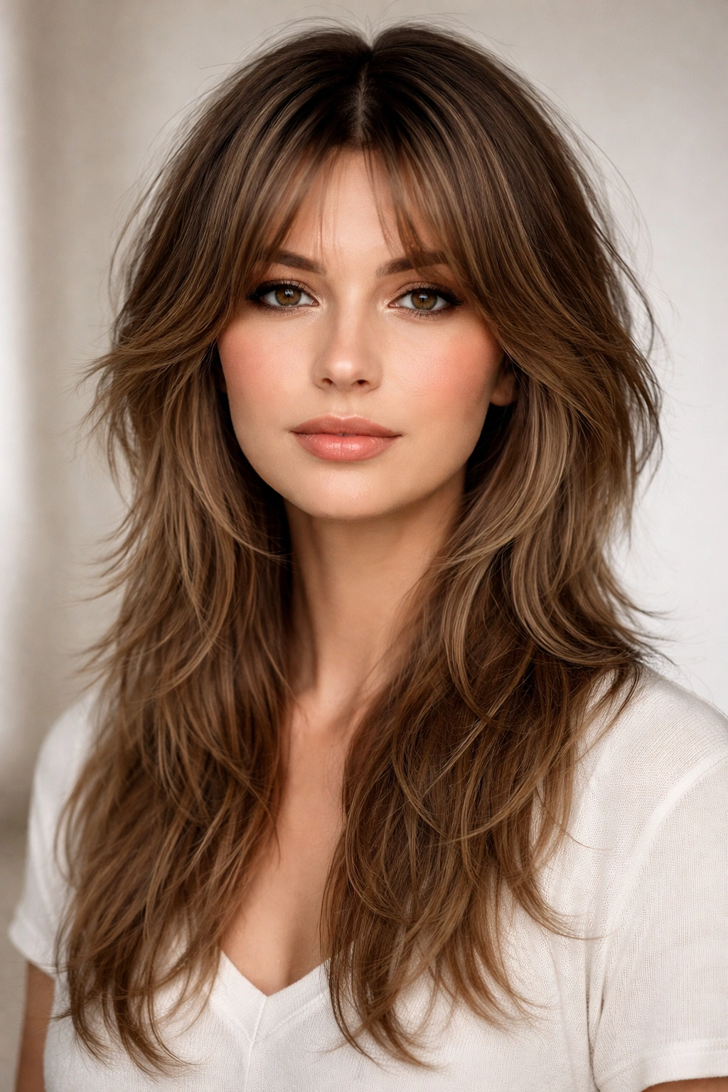 Layered wolf cut with center part hairstyle