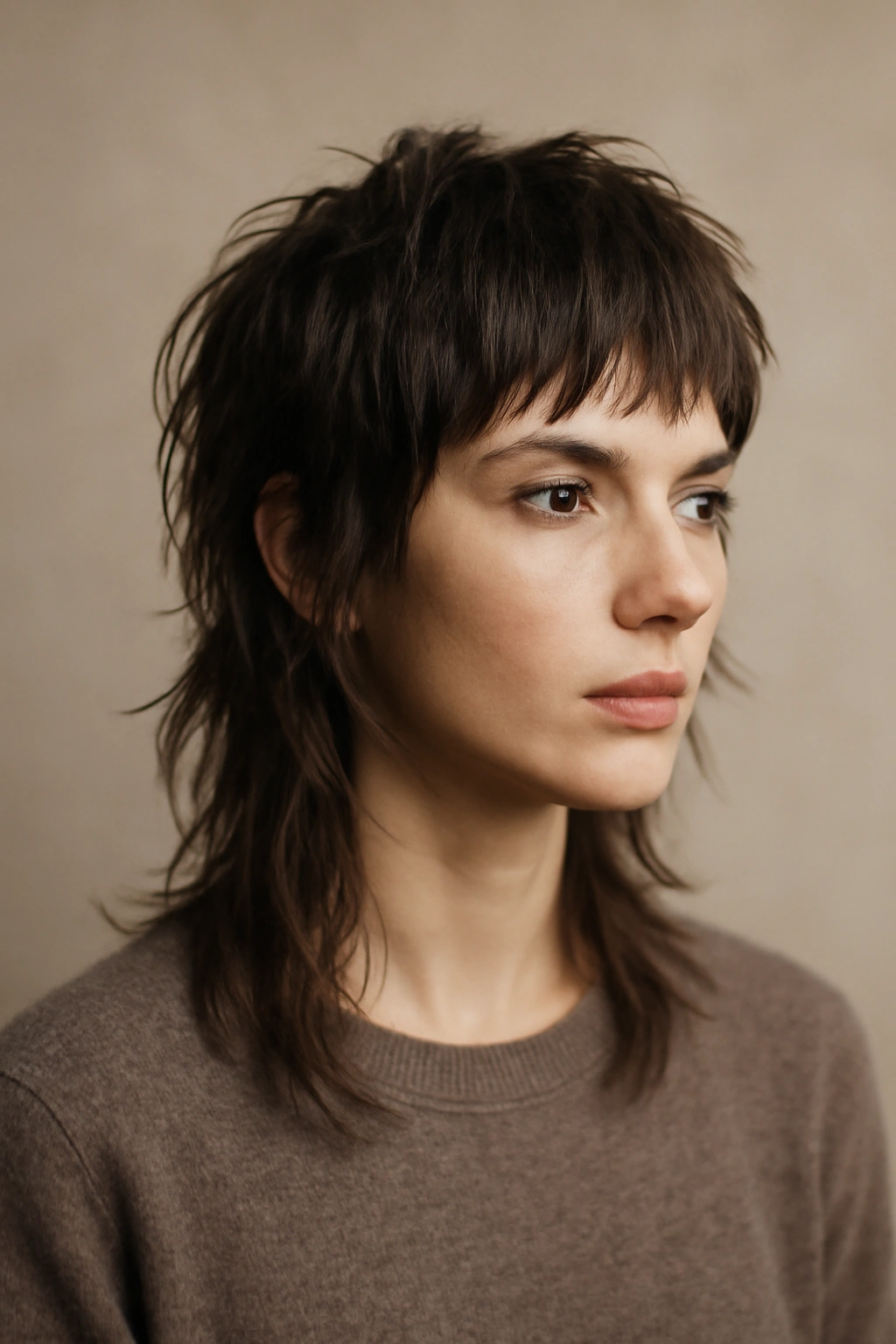 25 Medium Haircuts You’ll Want to Try Immediately 3 Choppy wolf cut with short front pieces and longer back on model