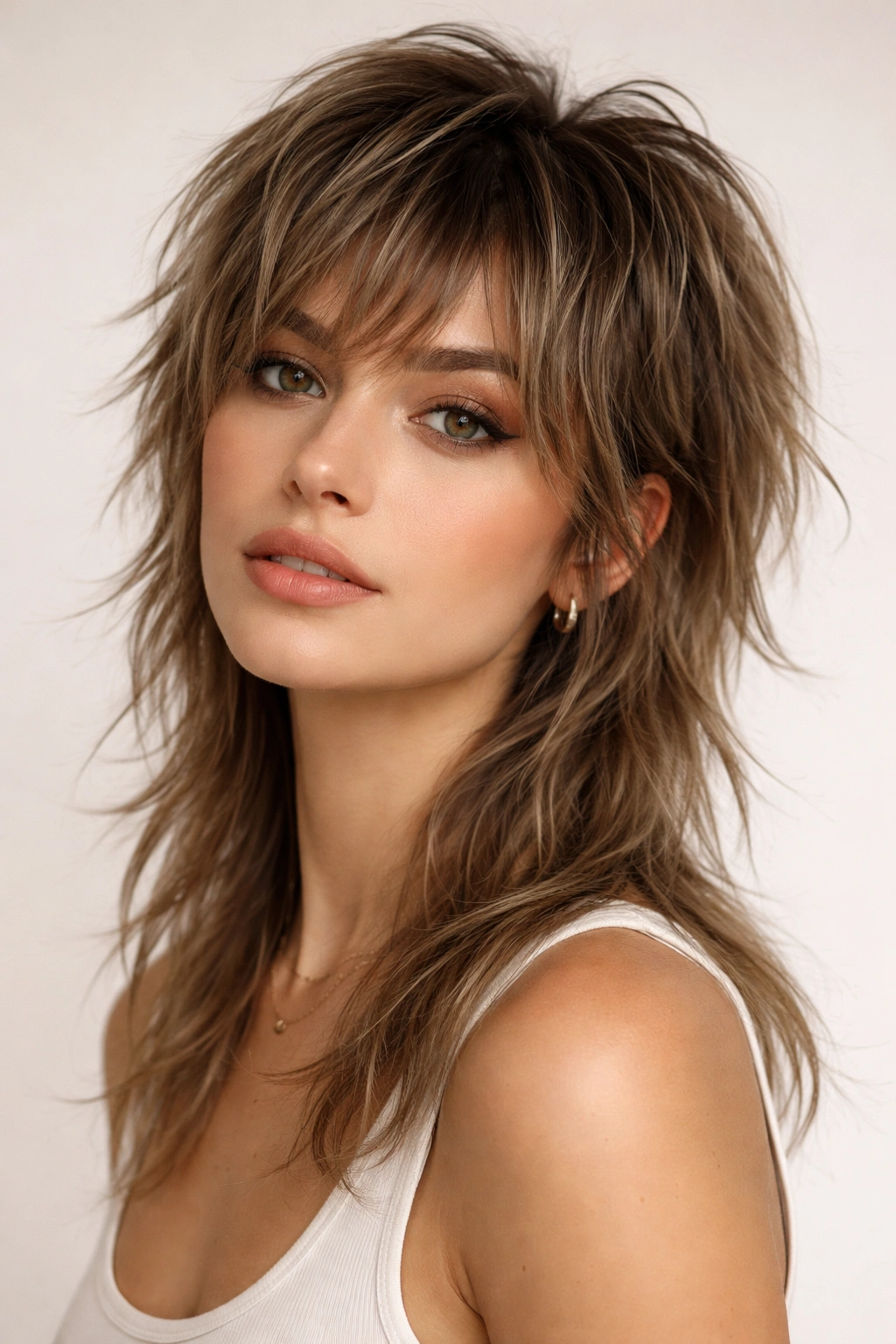 Close-up of a classic choppy wolf cut with short crown layers and shoulder-length pieces