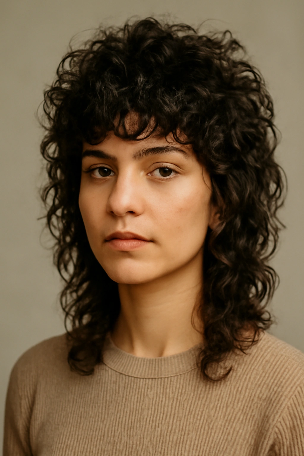 Curly wolf cut hairstyle with short top layers and longer underneath.