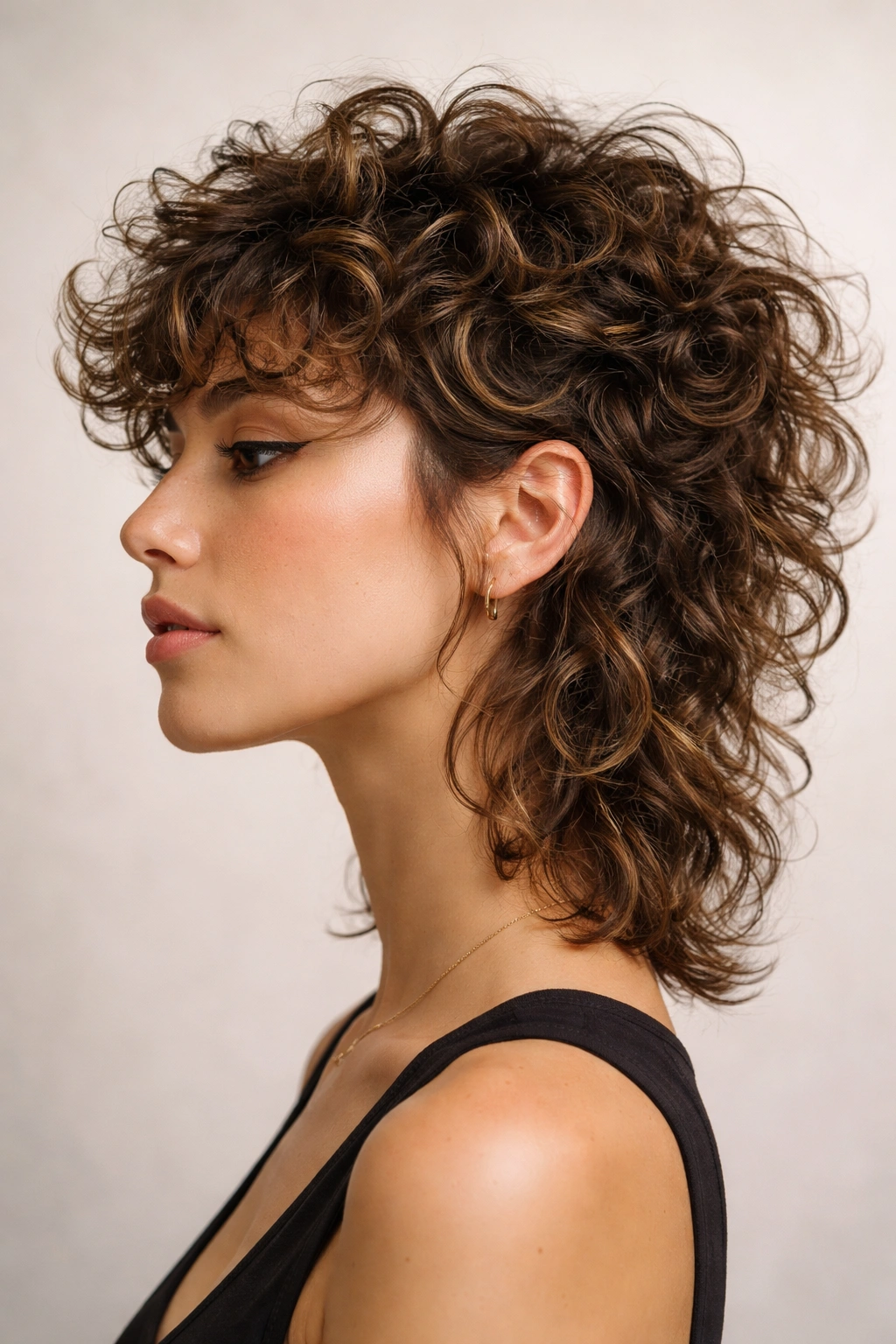 Curly wolf cut with short top layers and longer underlayers.