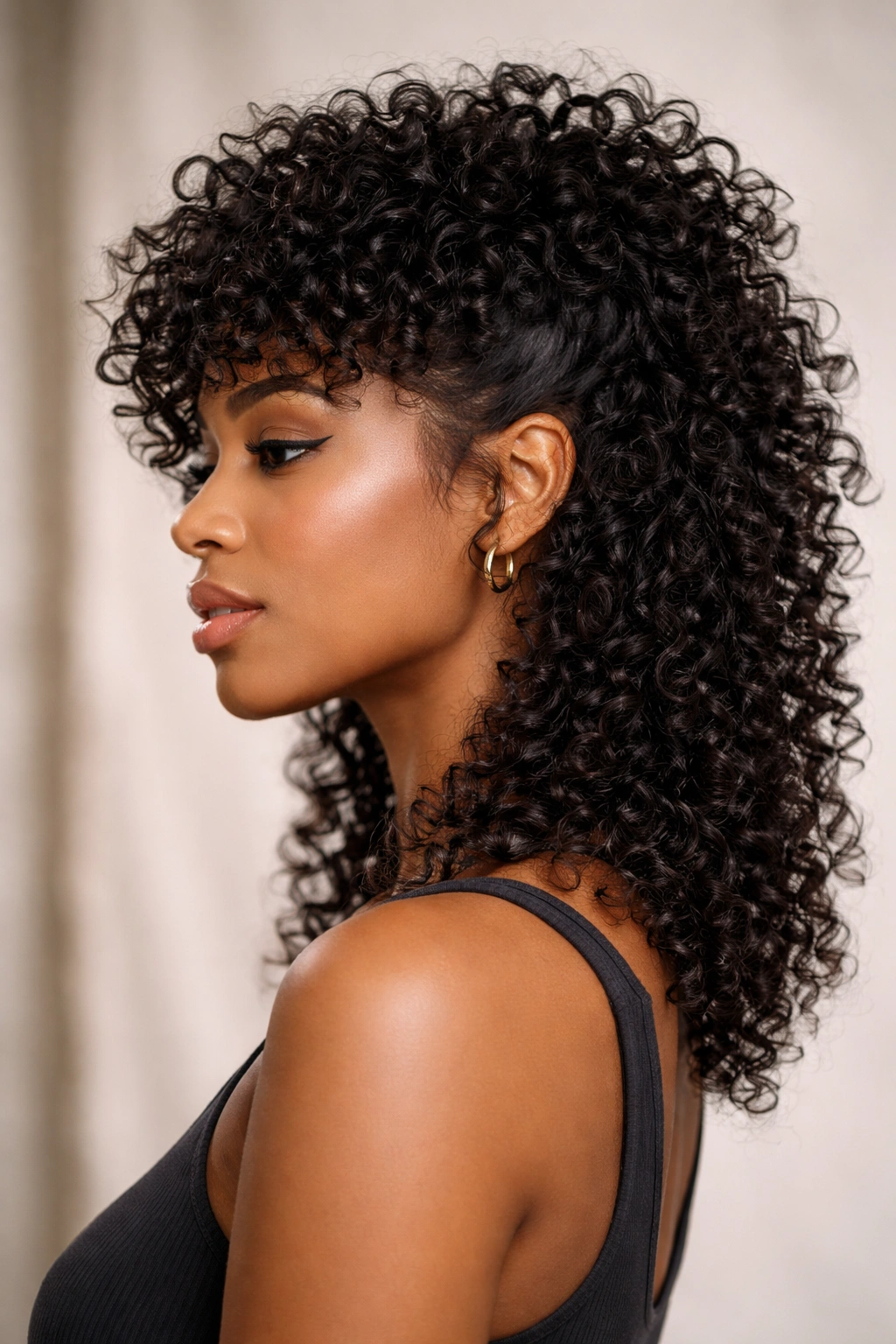 Portrait of a wolf cut hairstyle with short top layers and longer bottom layer
