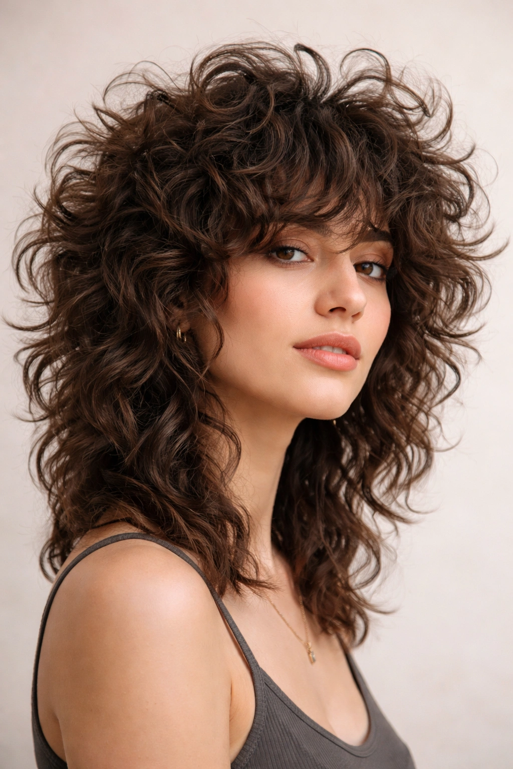 Close-up portrait of a person with a voluminous wolf cut showing textured curly layers