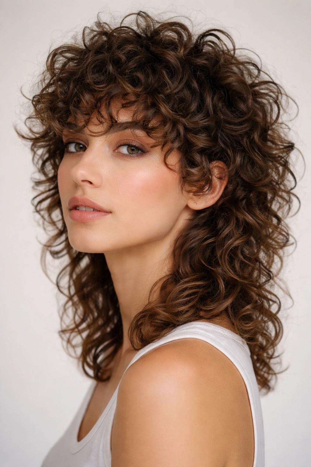 Head-and-shoulders portrait of a curly wolf cut with short top and longer back