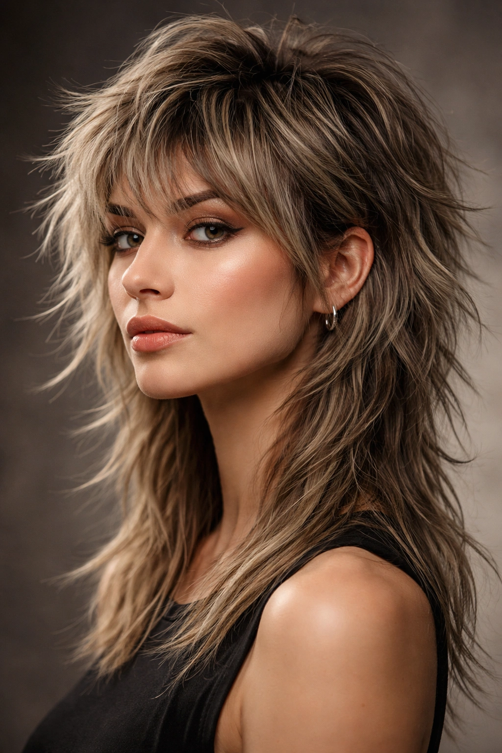 Studio portrait of wolf cut with disconnected layers and crown volume
