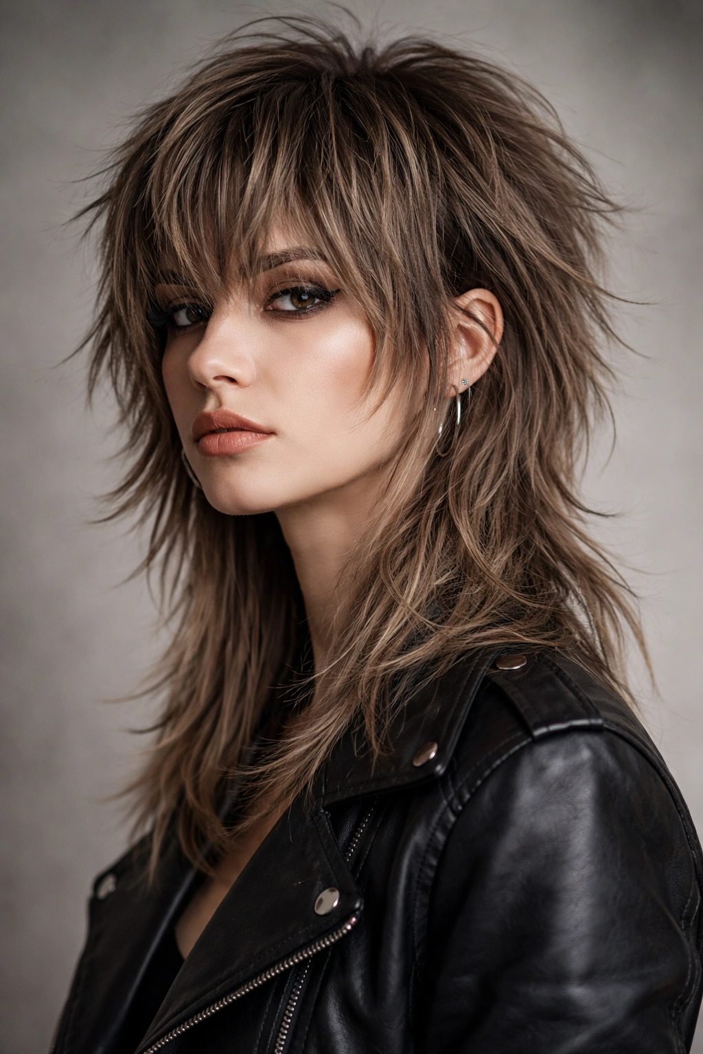 Portrait of a person with a modern wolf cut featuring voluminous top and longer back.