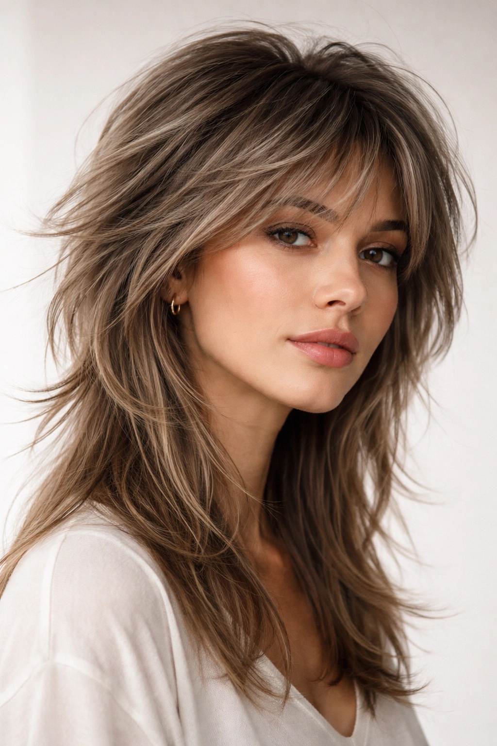 Portrait of a wolf cut with feathered layers and extra crown volume for a tousled, textured look.