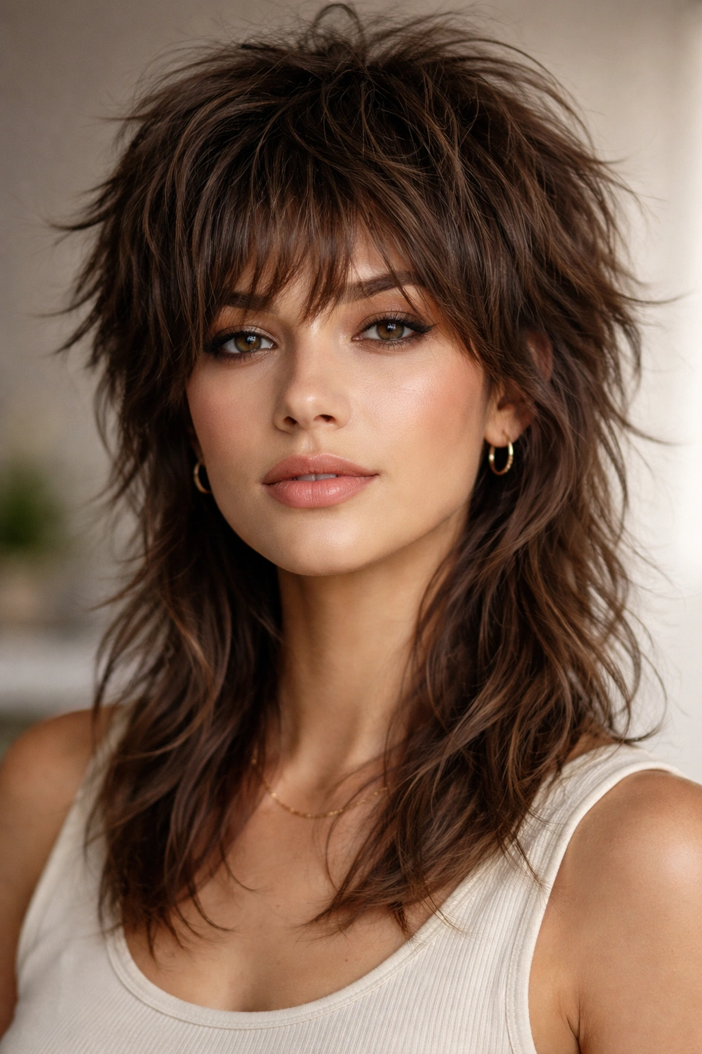 Portrait of a person with a Wolf Cut featuring short, textured top layers and longer feathered underneath