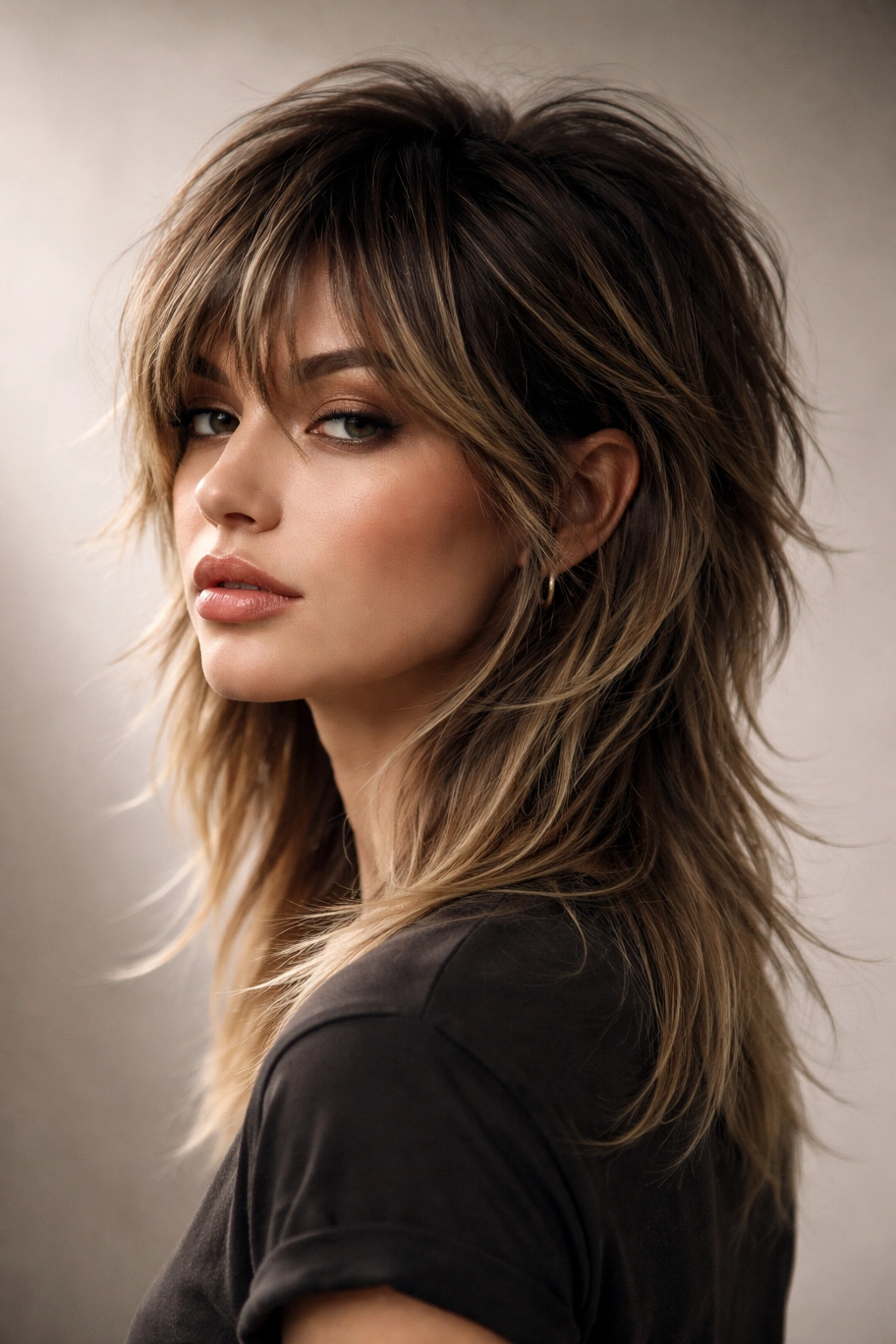 Modern wolf cut hairstyle with long top layers and short underneath