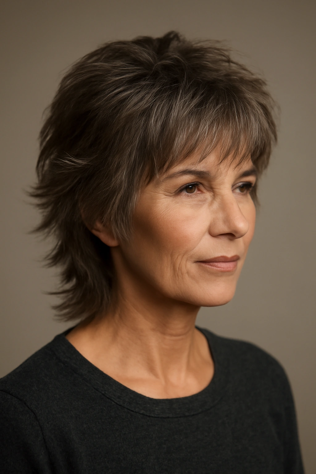 15 Modern Hairstyles for Older Women With Great Style 7 Close-up of a mature woman with a modern wolf cut showing textured crown and longer back layers