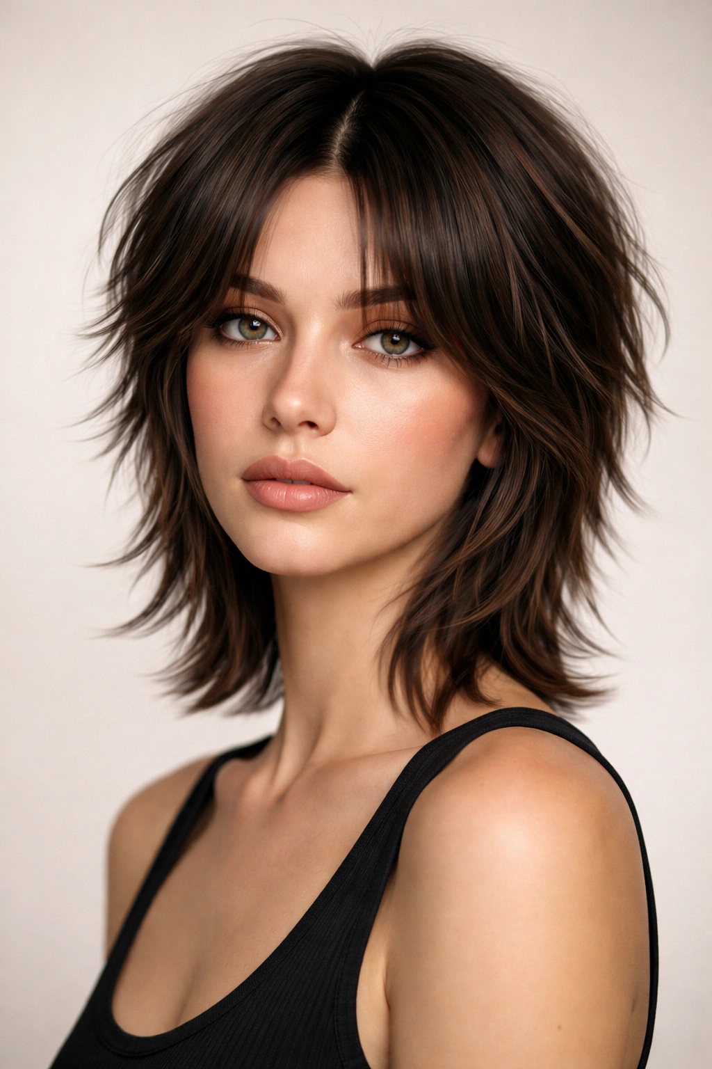 Wolf cut short version with middle part showing textured top and longer back