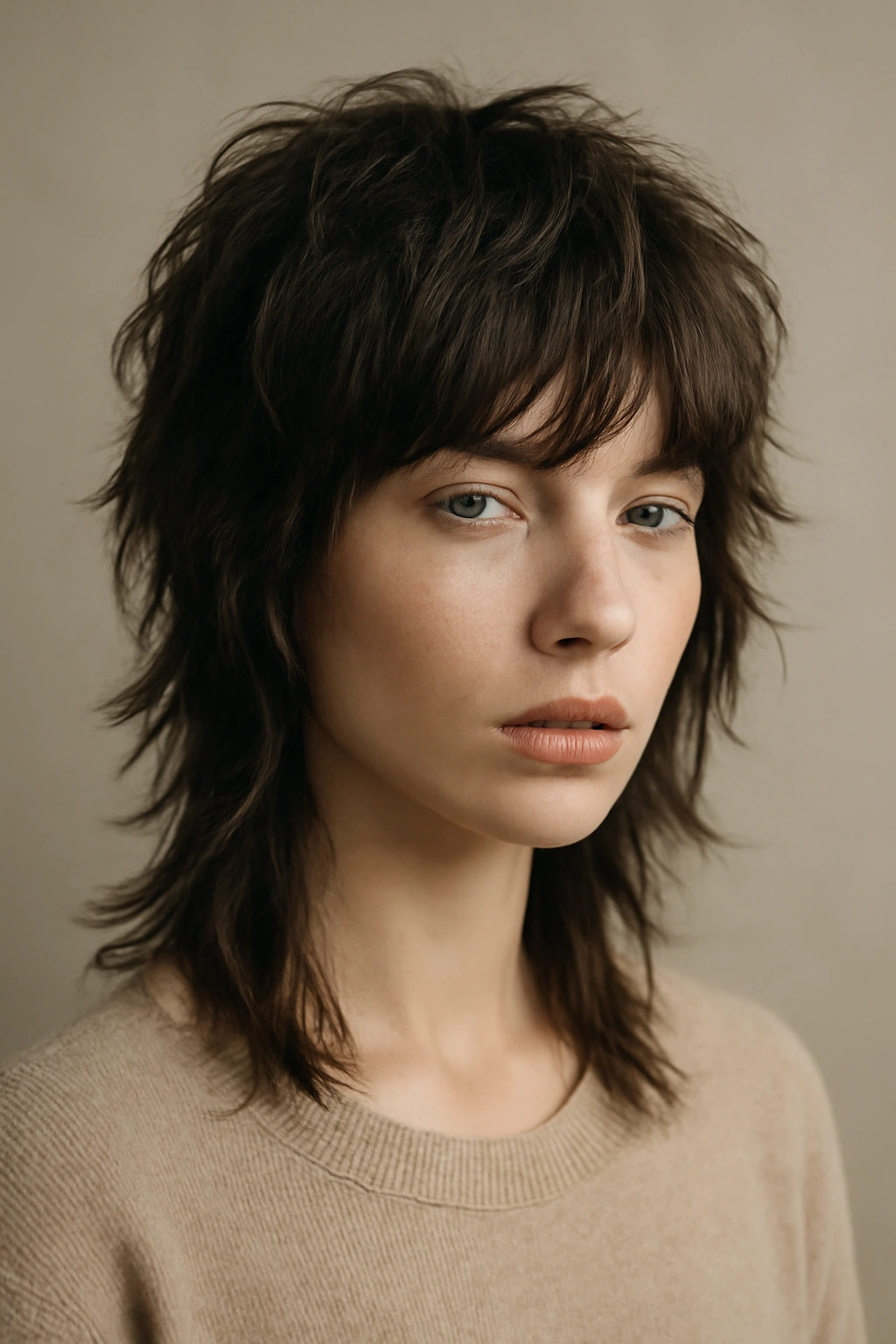 Model with wolf cut showing short choppy crown layers and longer back, textured and undone