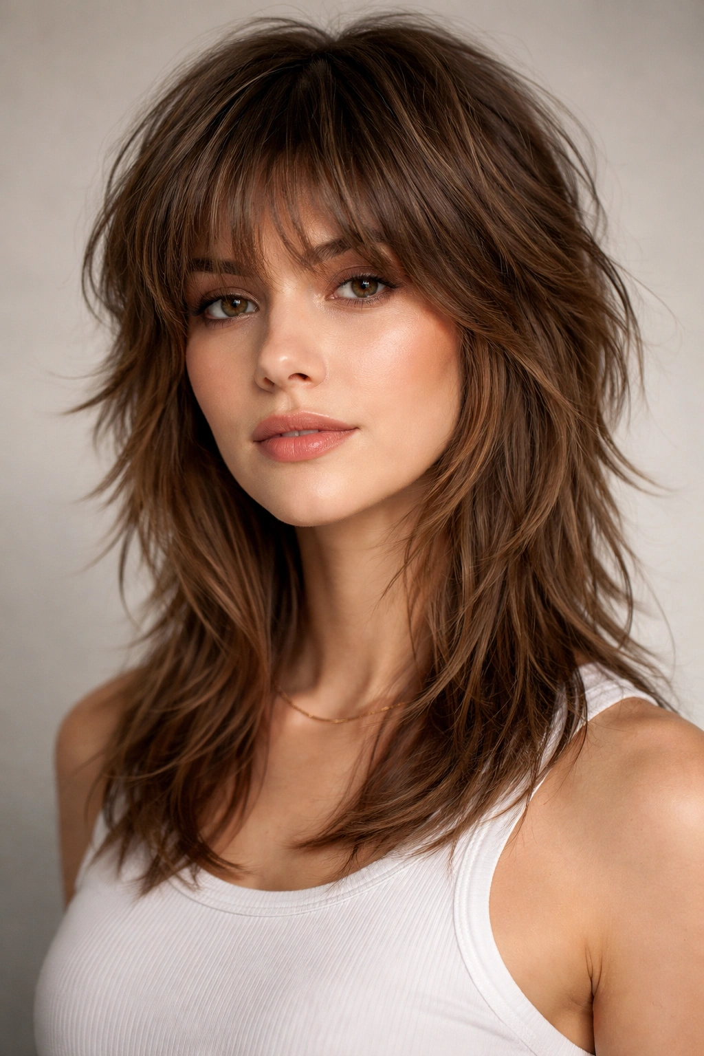 Front view of a wolf cut with feathered layers and choppy bangs