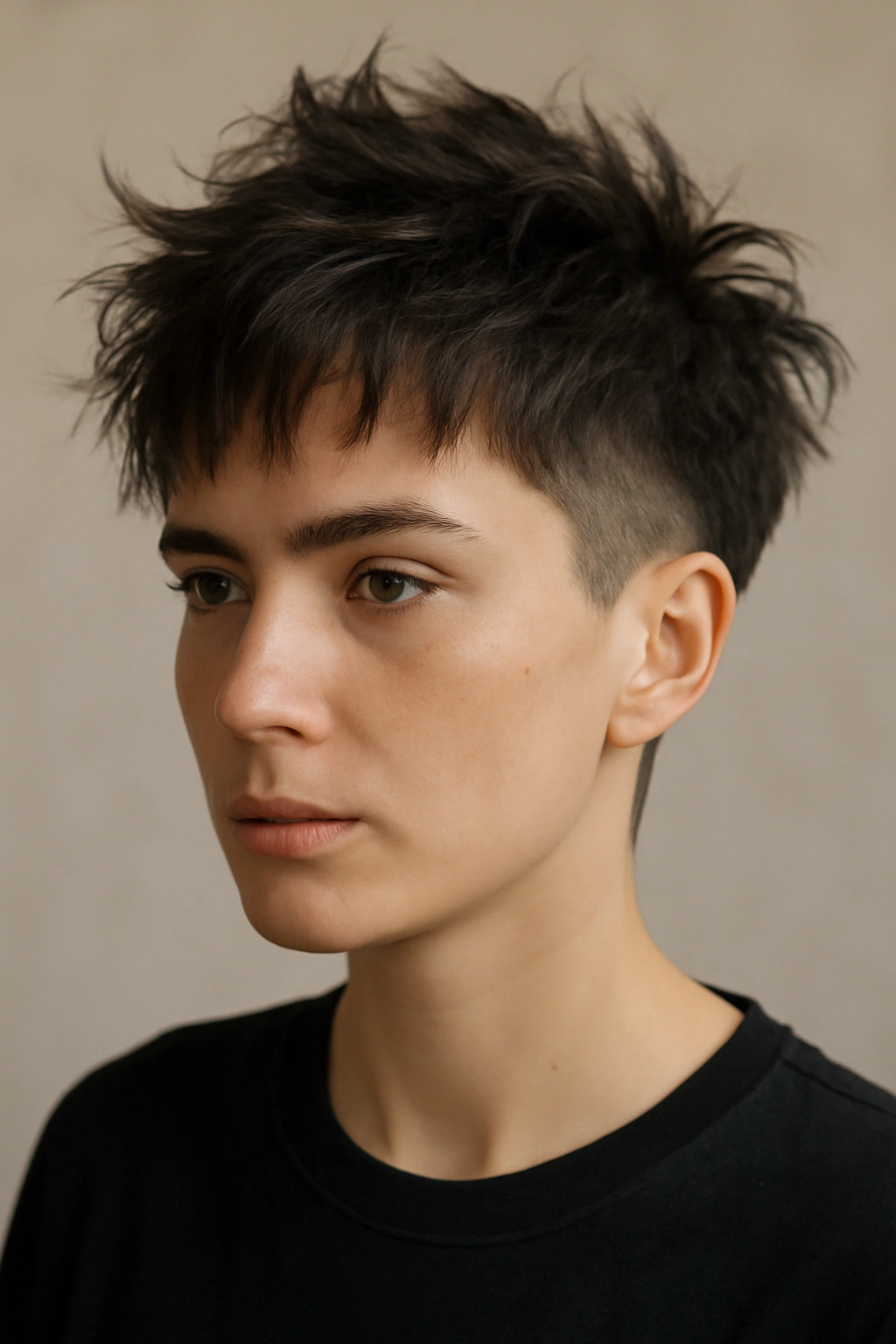 20 Short Shag Haircuts for Easy, Effortless Mornings 11 Portrait of a person with a short wolf cut showing dramatic top length.