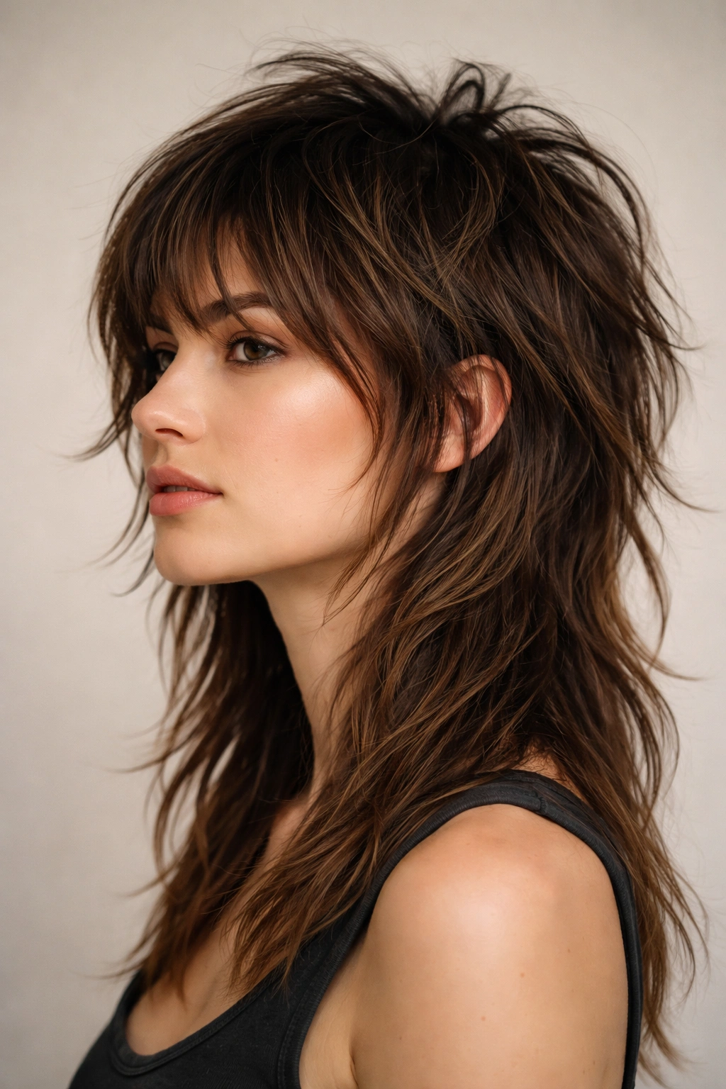 Side profile of a wolf cut hairstyle with short textured top and longer bottom and movement