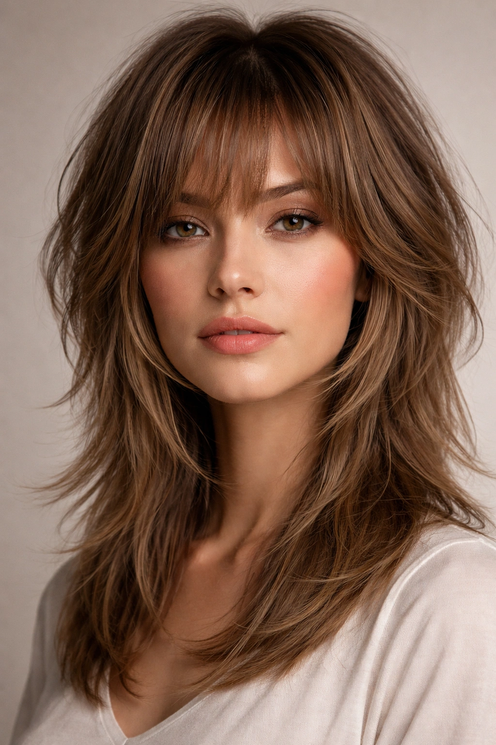 Portrait of a person with a wolf cut and longer face-framing layers
