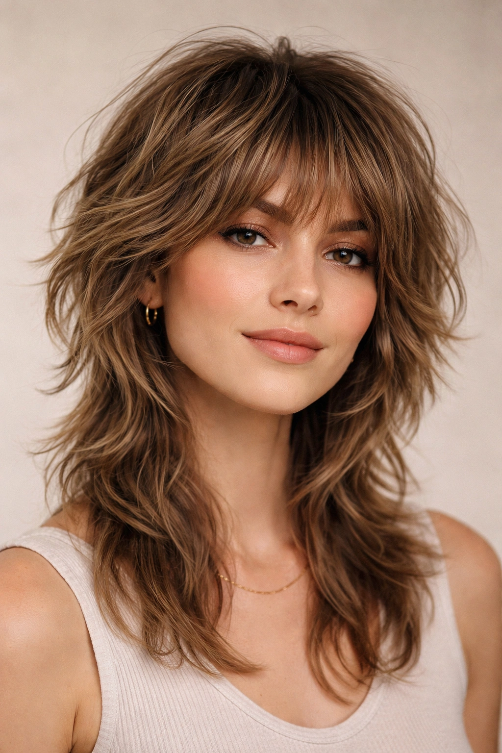 Close-up portrait of a person with a wolf cut featuring layered, textured hair.