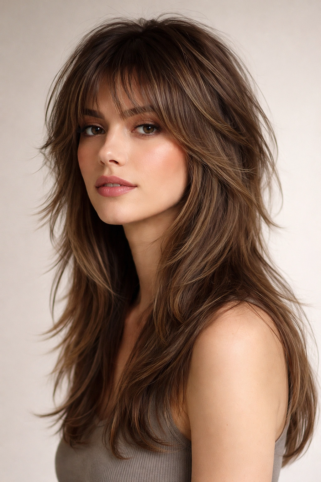 Model with modern wolf cut featuring short crown layers and longer back for width