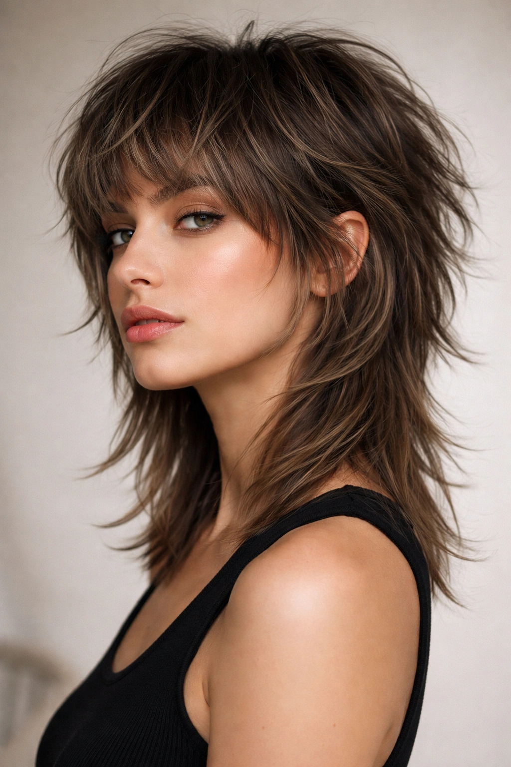 Portrait of a person with a wolf cut showing short top layers and longer underneath