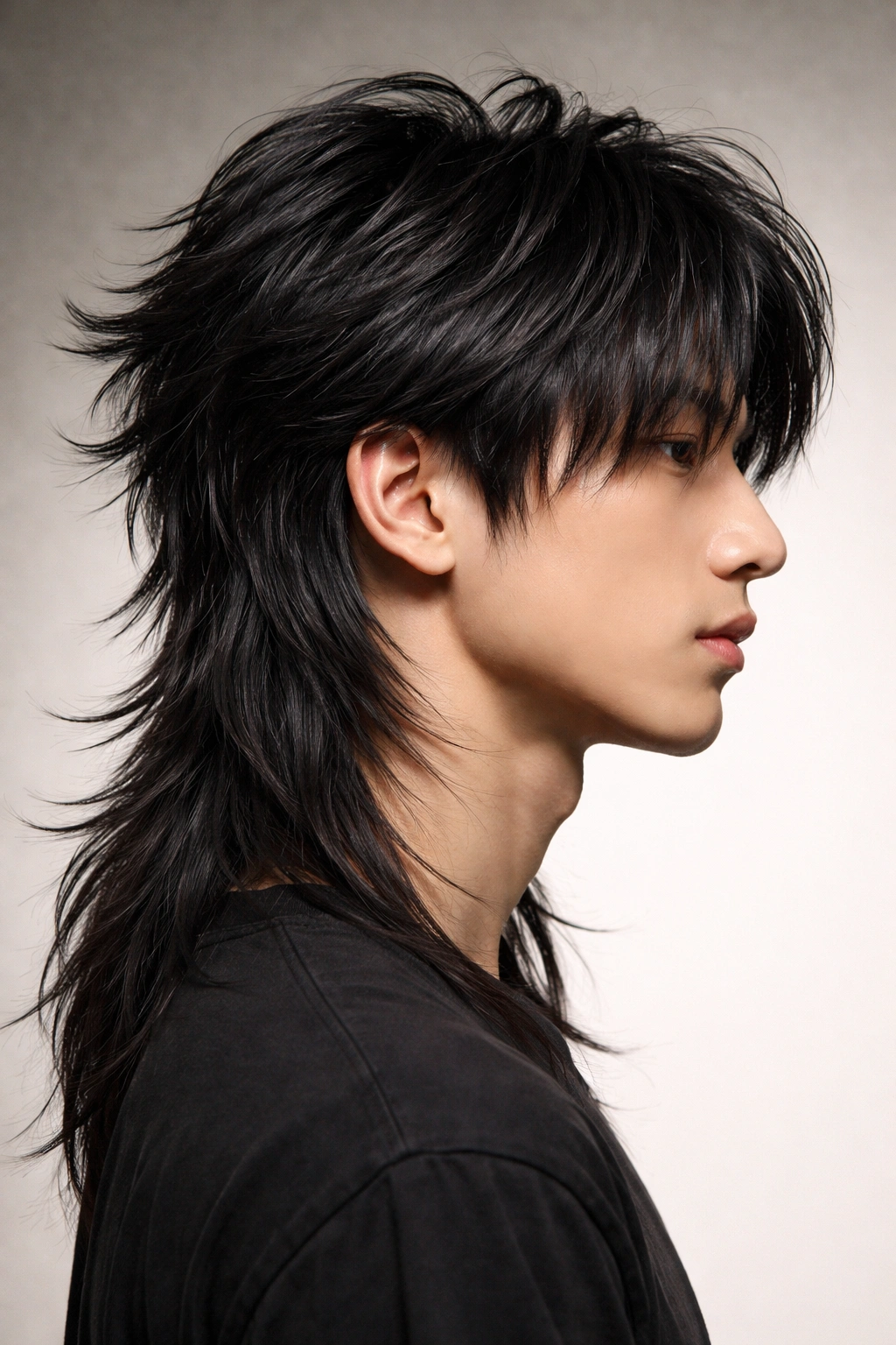 Side profile of wolf cut with choppy layers and longer back