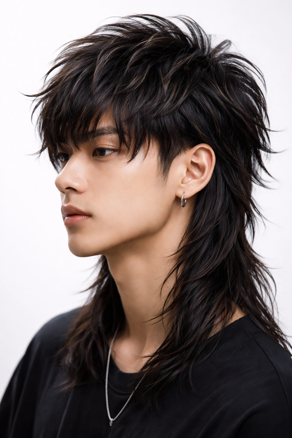 Wolf cut hairstyle with choppy top and shaggy sides