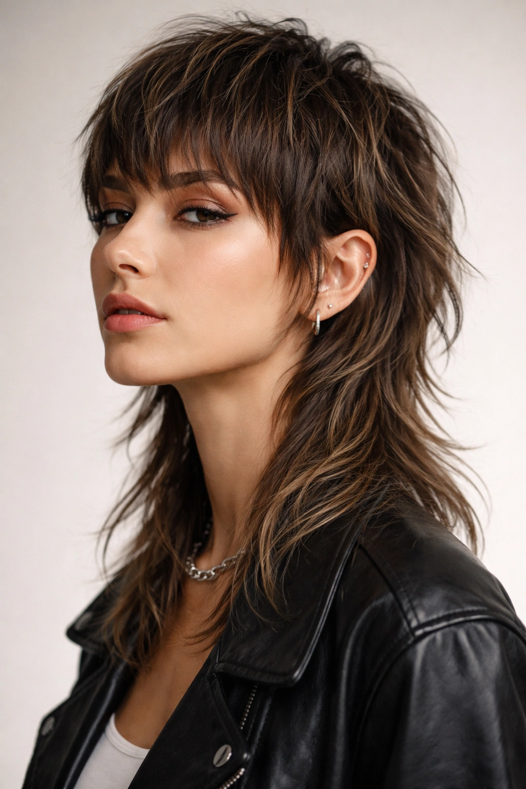 Portrait of a person with a layered wolf cut mullet showing textured top and long back