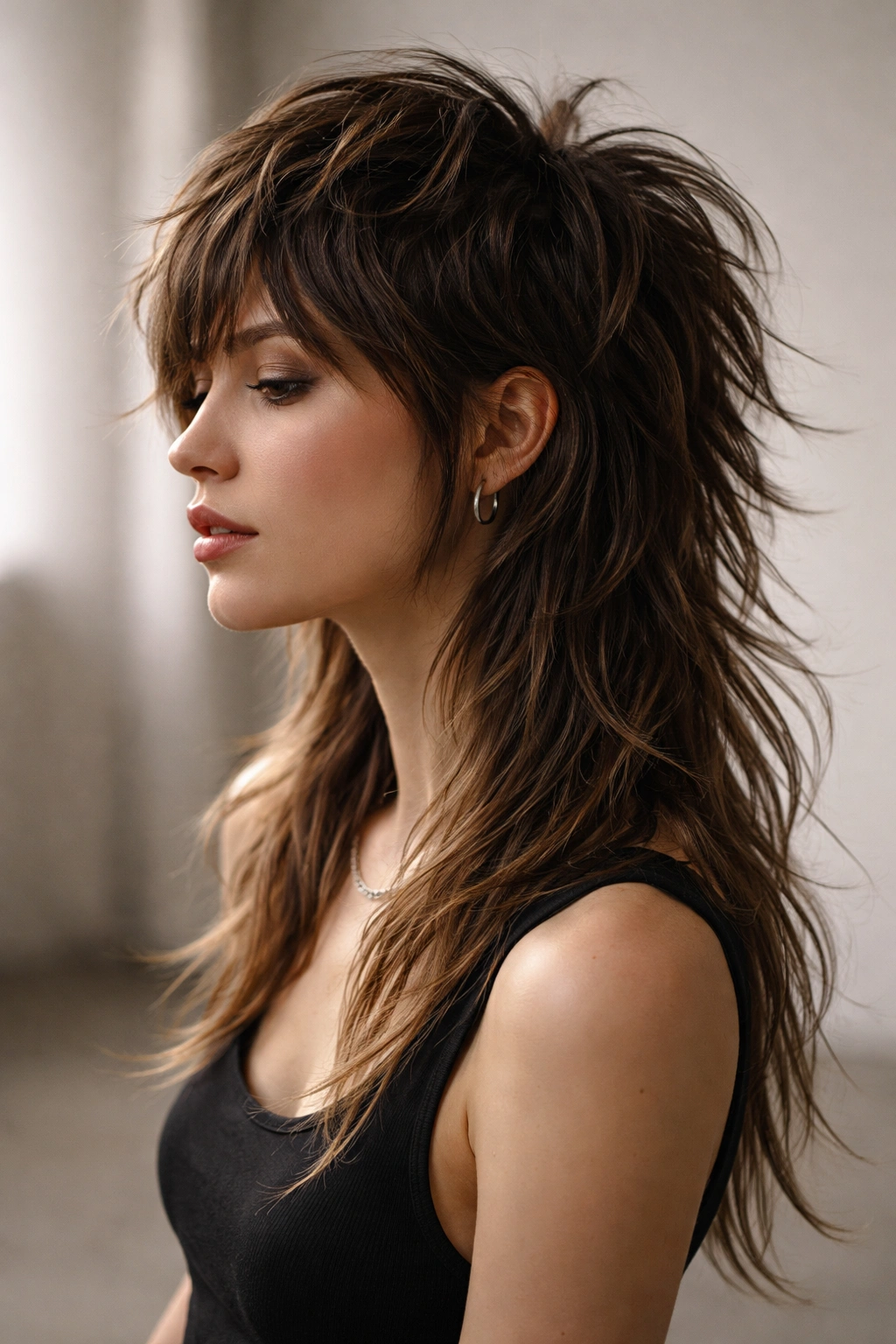 Textured wolf cut mullet with layered choppy hair from crown to long back