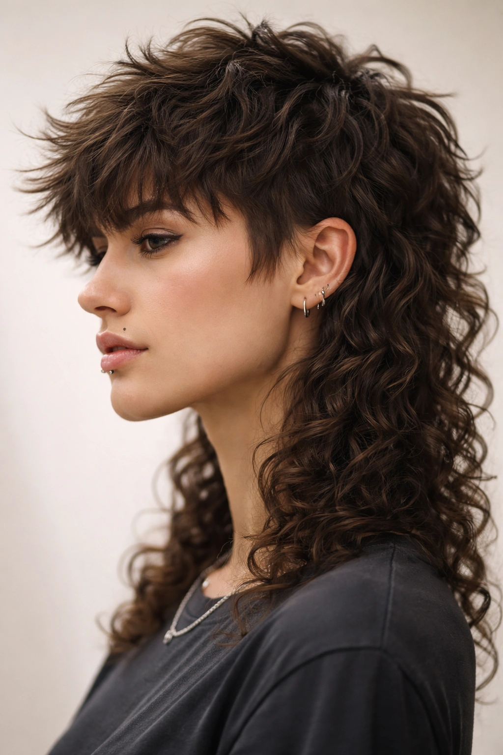Close-up of The Textured Wolf Cut Mullet showing choppy crown layers on curly hair