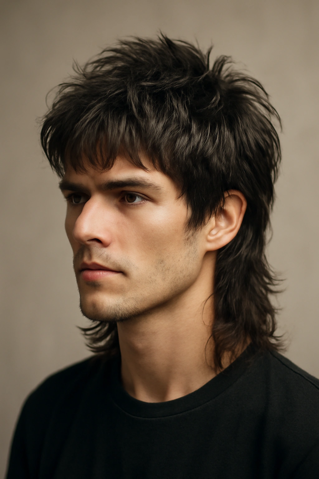 10 Mullet Haircuts That Suit Thick Heavy Hair 7 Close-up portrait of a person with thick hair in a wolf cut showing layered texture and feathered back