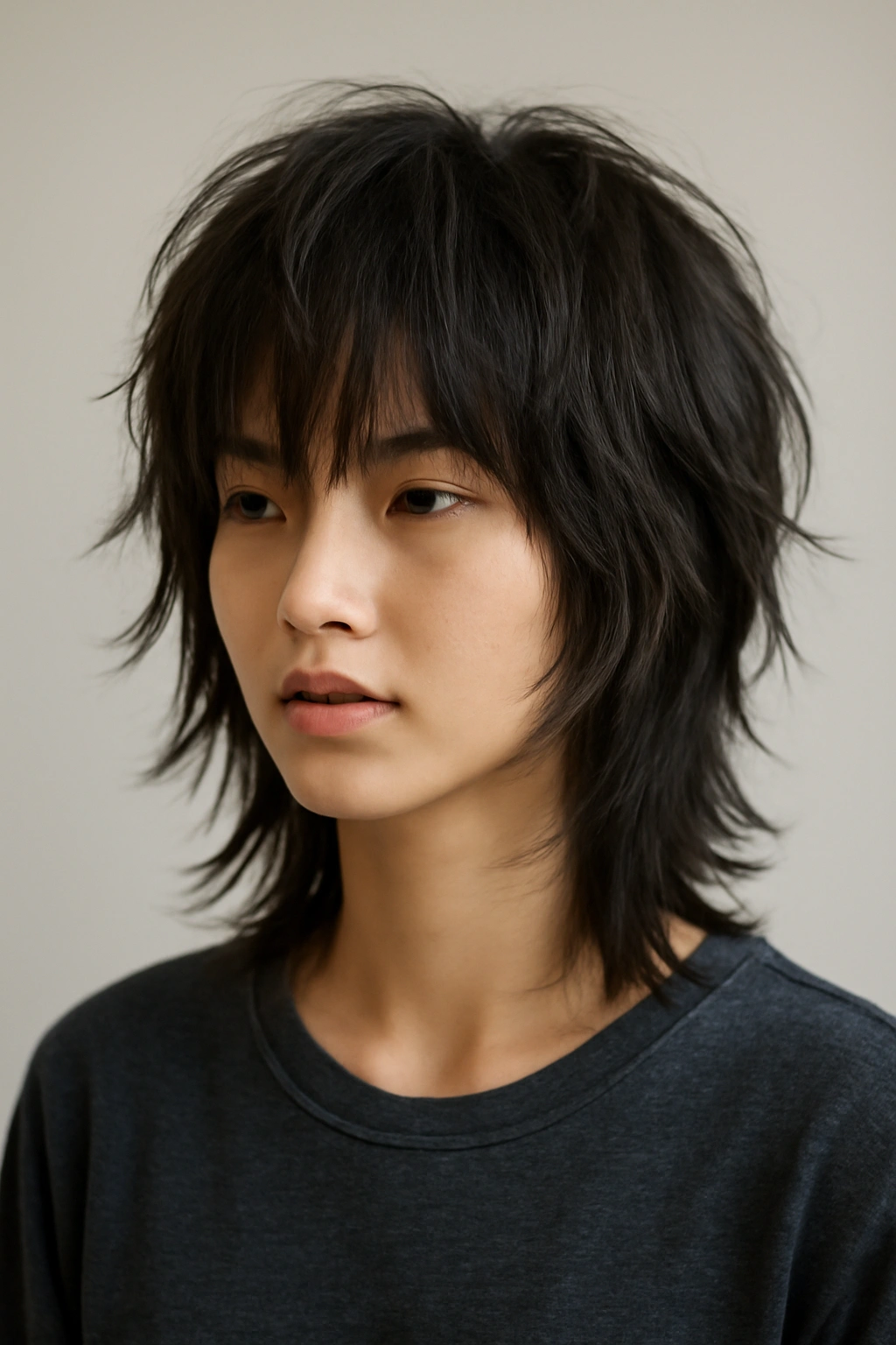12 Japanese Hairstyles That Are Trending Right Now 2 Portrait of a person with a wolf cut showing choppy layers and textured ends