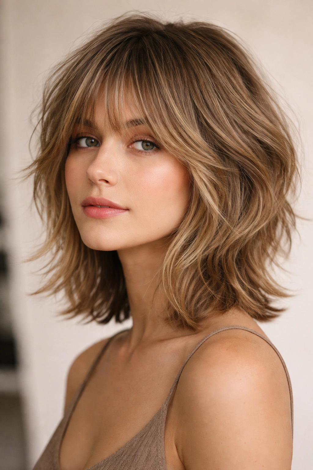 Wolf cut hairstyle with shaggy layers on fine wavy hair, studio portrait