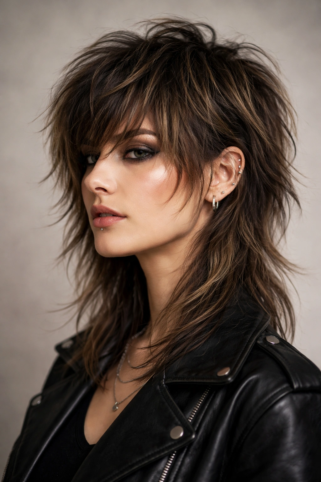 Three-quarter view of modern wolf cut with layered top and short sides.