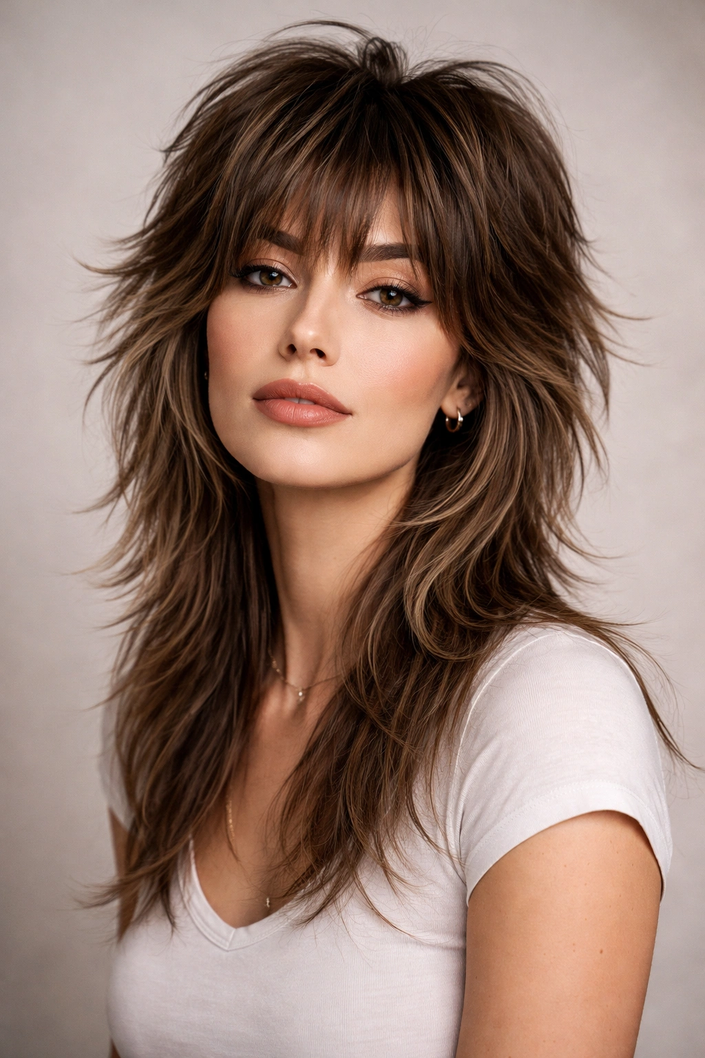 Wolf cut shag hairstyle with volume on top and longer underneath